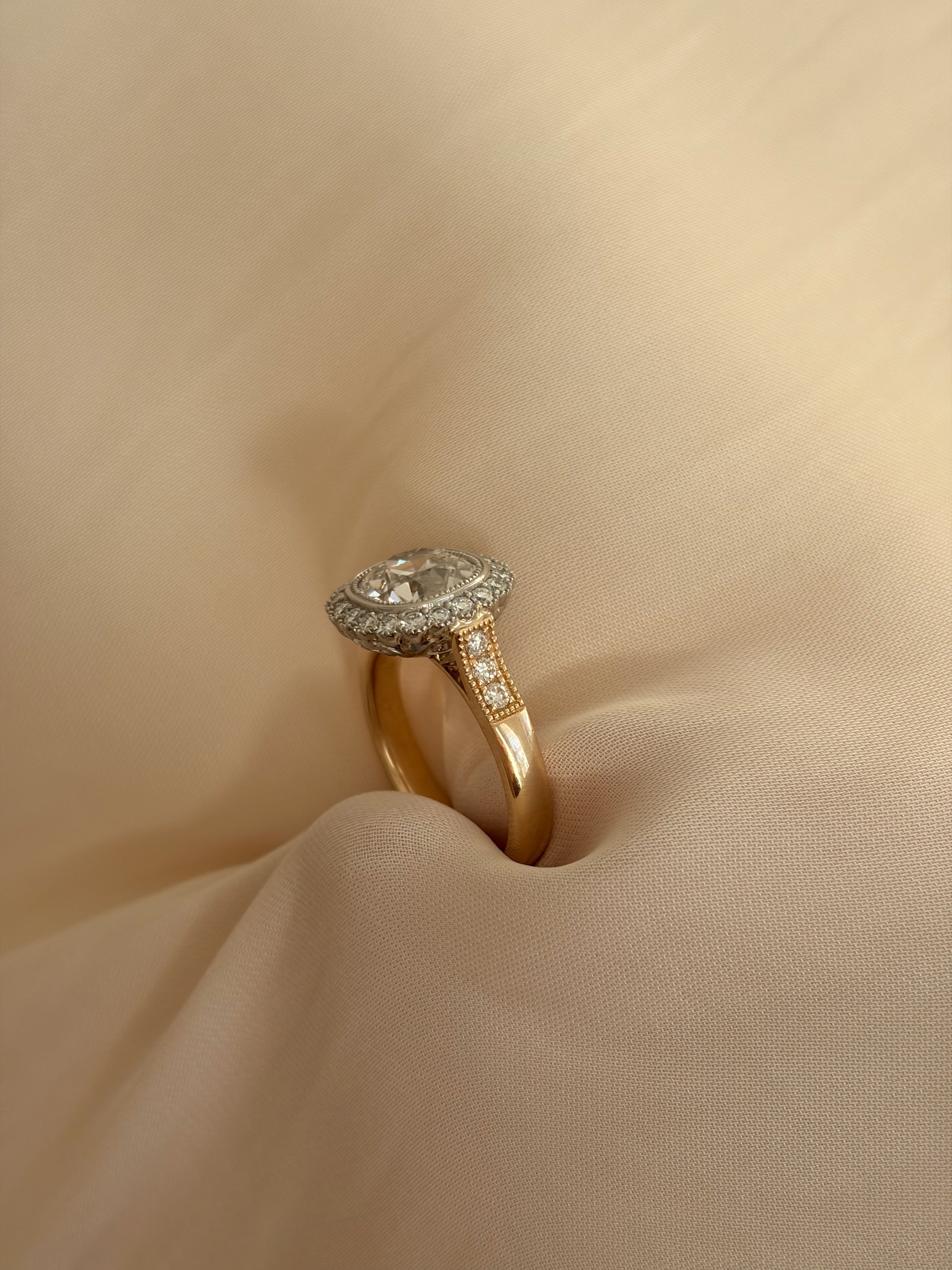 2.4ct Old Mine Cushion Cut Lab Diamond Ring